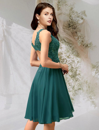 A-Line Cocktail Dresses Flirty Dress Homecoming Short / Mini Sleeveless V Neck Chiffon Backless with Beading Lace Insert