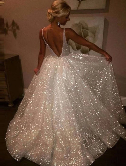 Ball Gown Evening Gown Glittering Dress Wedding Floor Length Sleeveless V Neck Fall Wedding Reception Tulle with Ruched