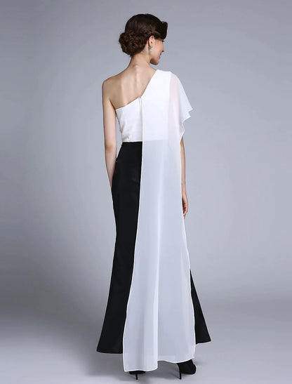 Mermaid / Trumpet Mother of the Bride Dress Color Block One Shoulder Ankle Length Chiffon Sleeveless No with Split Front