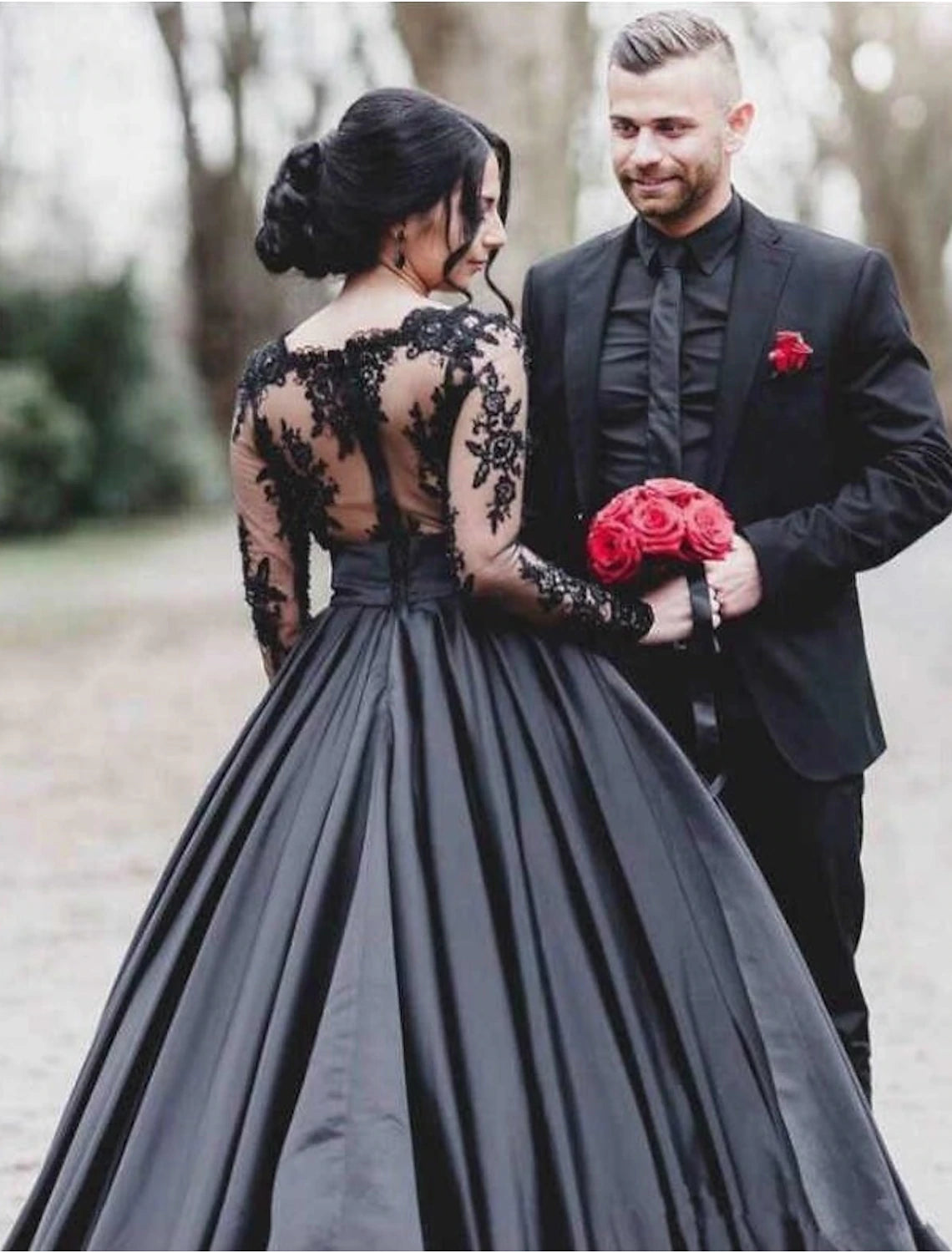 Engagement Gothic Black Wedding Dresses Formal A-Line Illusion Neck Long Sleeve Floor Length Satin Bridal Gowns With Draping Appliques 2023 Summer Fall Halloween Wedding Party