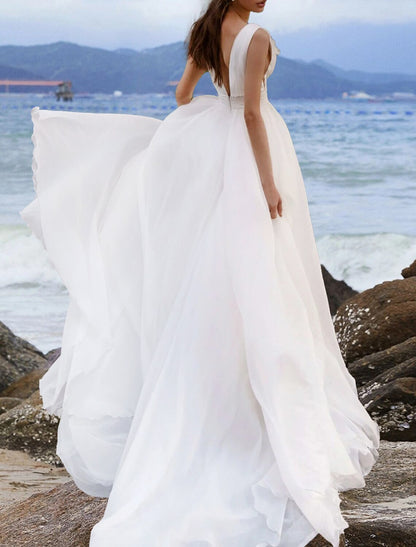 Beach Boho Wedding Dresses A-Line V Neck Sleeveless Court Train Chiffon Bridal Gowns With Solid Color