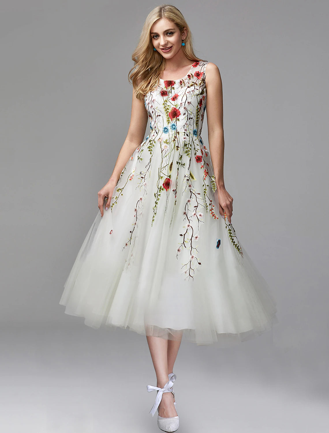 A-Line Prom Dresses Floral Dress Engagement Tea Length Sleeveless Jewel Neck Chiffon with Lace Insert AppliquesA-Line Prom Dresses Floral Dress Engagement Tea Length Sleeveless Jewel Neck Chiffon with Lace Insert Appliques