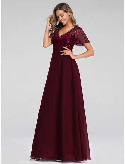 A-Line Wedding Guest Dresses Elegant Dress Fall Floor Length Short Sleeve V Neck Bridesmaid Dress Tulle with Sequin Appliques