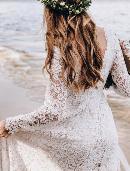 Beach Wedding Dresses A-Line V Neck Long Sleeve Floor Length Lace Bridal Gowns With Embroidery