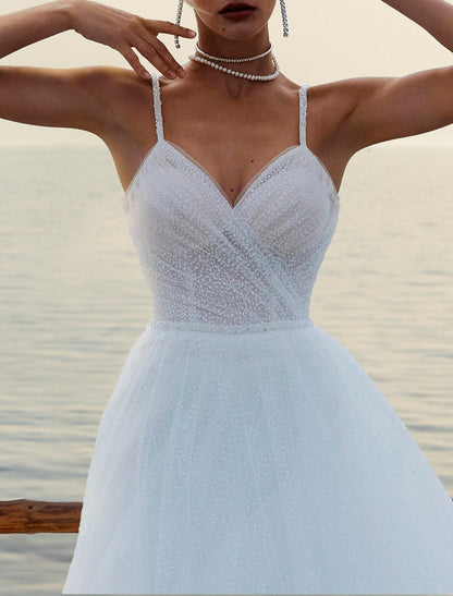 Beach Boho Wedding Dresses A-Line Sweetheart Camisole Spaghetti Strap Court Train Tulle Bridal Gowns With Solid Color