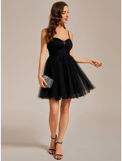 A-Line Homecoming Dresses Princess Dress Cocktail Party Short / Mini Sleeveless Spaghetti Strap Tulle with Ruched