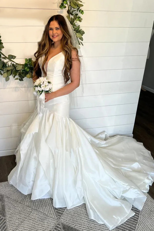 Elegant Mermaid V Neck Satin Wedding Dresses