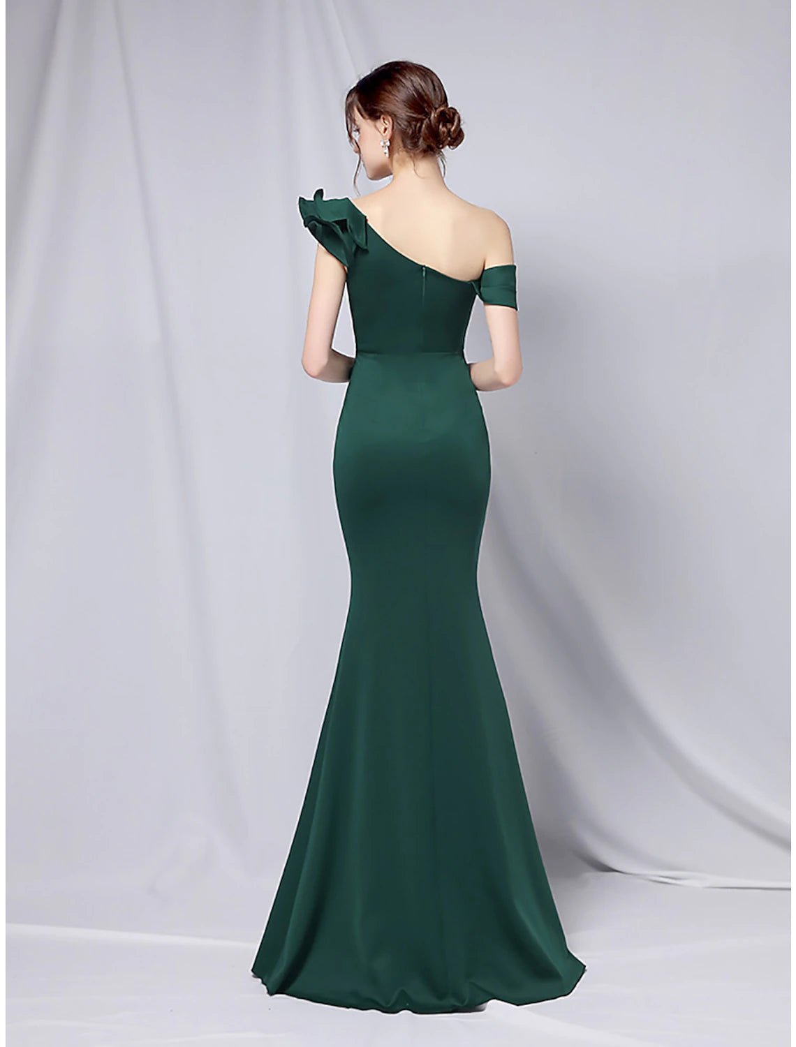 Mermaid / Trumpet Evening Gown Empire Dress Wedding Guest Floor Length Short Sleeve One Shoulder Stretch Satin with Ruffles