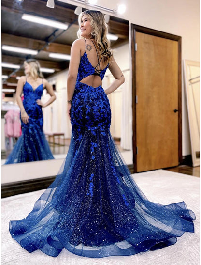 Mermaid / Trumpet Prom Dresses Sparkle & Shine Dress Formal Wedding Party Court Train Sleeveless V Neck Tulle Backless with Glitter Beading Appliques