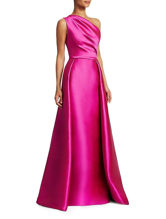 DingjiSheath / Column Evening Gown Elegant Dress Wedding Guest Cocktail Party Floor Length Sleeveless One Shoulder Satin with Overskirt Pure Color