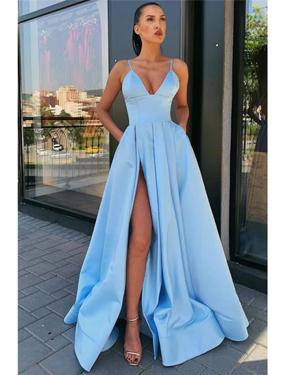 A-Line Black Prom Dress High Split Evening Dress Formal Birthday Summer Dress Spaghetti Strap Sleeveless Sweep / Brush Train Satin with Pleats Split Front