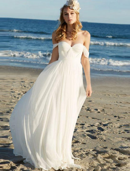 Beach Sexy Boho Wedding Dresses A-Line Off Shoulder Cap Sleeve Floor Length Chiffon Bridal Gowns With Pleats Solid Color 2023 Summer Wedding Party