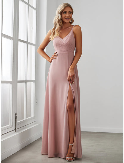 A-Line Bridesmaid Dress V Neck Sleeveless Elegant Floor Length Chiffon with Draping / Solid Color