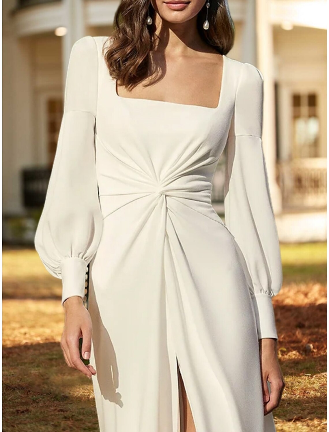 Hall Casual Wedding Dresses Sheath / Column Square Neck Long Sleeve Court Train Chiffon Bridal Gowns With Ruched Split Front