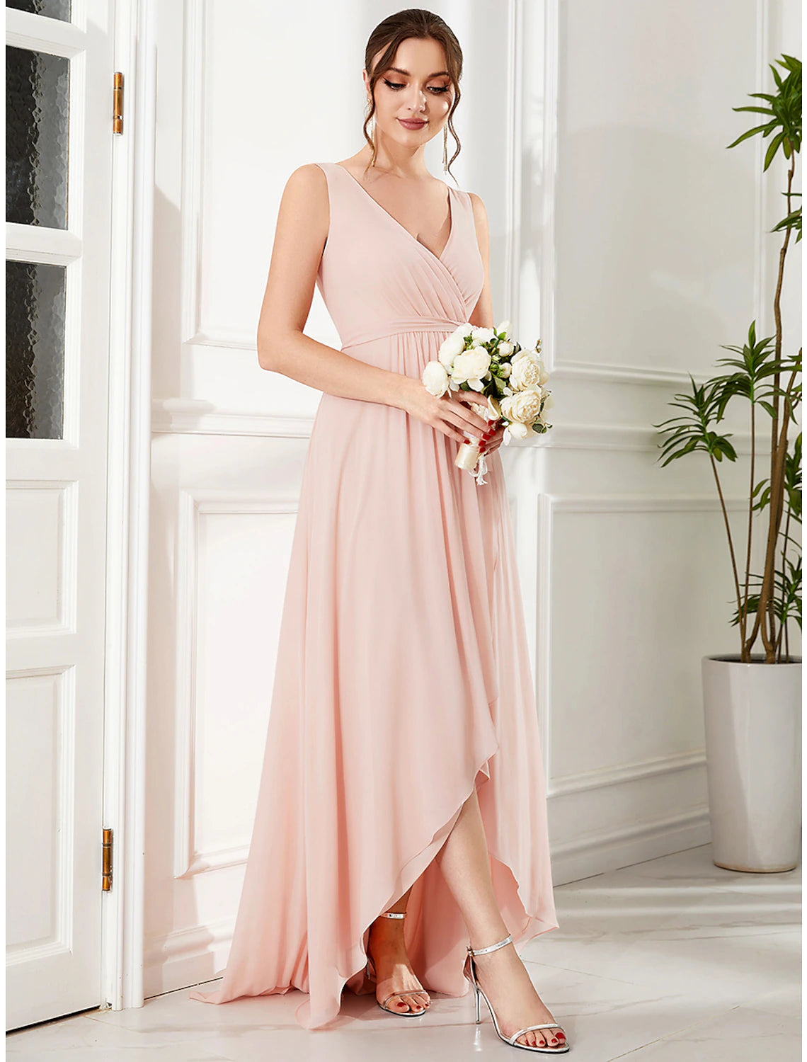 A-Line Wedding Guest Dresses Elegant Dress Party Wear Asymmetrical Sleeveless V Neck Chiffon with Ruffles Strappy