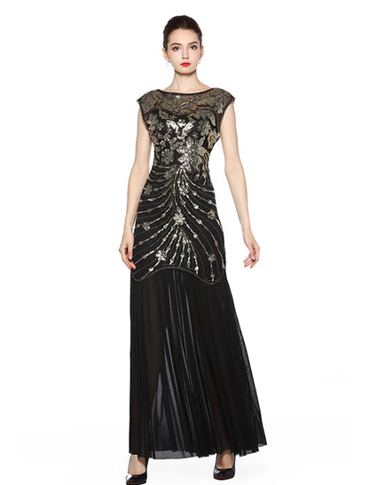 A-Line Evening Gown Vintage Dress Holiday Floor Length Sleeveless Jewel Neck Spandex V Back with Sequin Embroidery