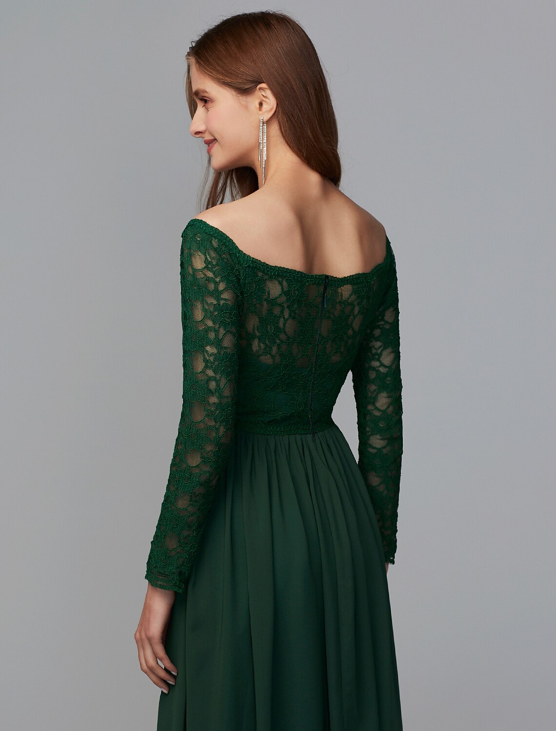 A-Line Bridesmaid Dress Off Shoulder Long Sleeve Elegant Floor Length Chce wiiffon / Lath Lace