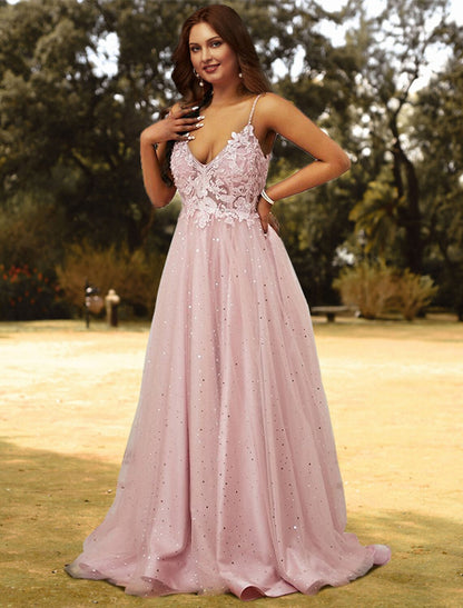 A-Line Prom Dresses Plus Size Dress Wedding Guest Prom Sweep / Brush Train Sleeveless V Neck Tulle with Appliques Pure Color