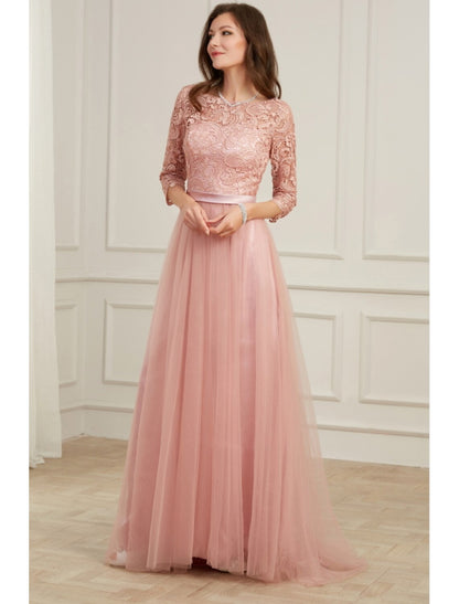 A-Line Evening Gown Spring Dress Party Wear Sweep / Brush Train Long Sleeve Jewel Neck Lace with Appliques