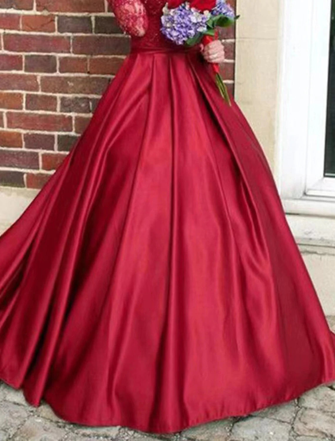 A-Line Evening Gown Floral Dress Sweet 16 Birthday Chapel Train Long Sleeve V Neck Satin with Appliques