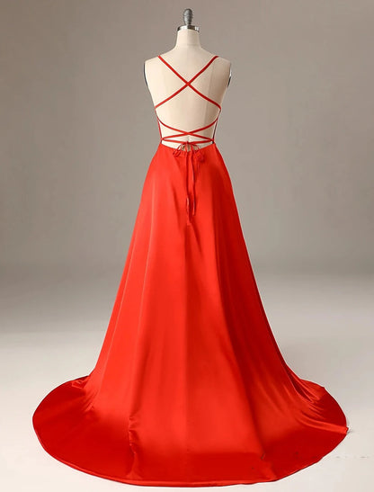 A-Line Evening Gown Sexy Dress Formal Wedding Guest Sweep / Brush Train Sleeveless Spaghetti Strap Charmeuse with Slit