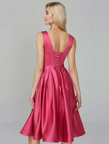 A-Line Party Dress Wedding Guest Knee Length Sleeveless V Wire Pink Dress Satin with Sash / Ribbon