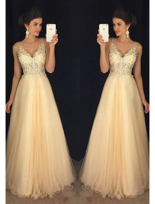 A-Line Prom Dresses Sparkle & Shine Dress Formal Floor Length Sleeveless V Neck Tulle V Back with Beading Appliques