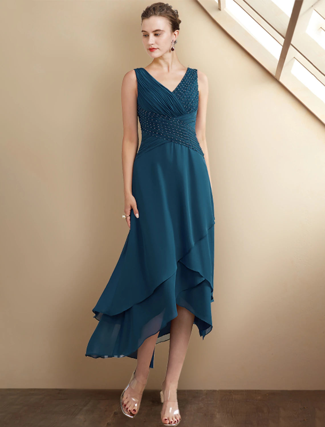 A-Line Mother of the Bride Dress Elegant High Low V Neck Asymmetrical Tea Length Chiffon Sleeveless Wrap Included with Beading Cascading Ruffles Side-Draped