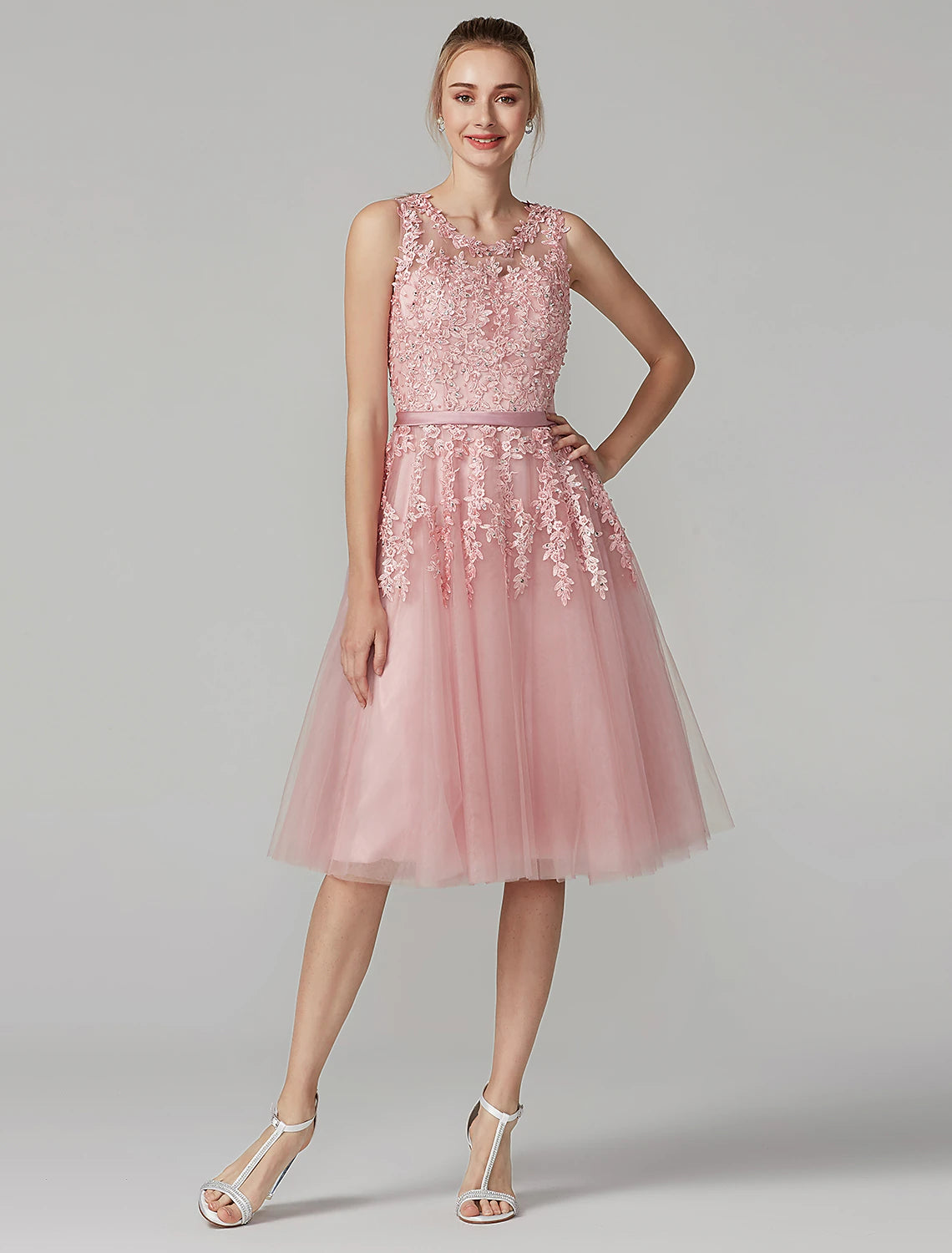 A-Line Cute Dress Cocktail Party Knee Length Sleeveless Illusion Neck Tulle Over Lace with Beading Appliques