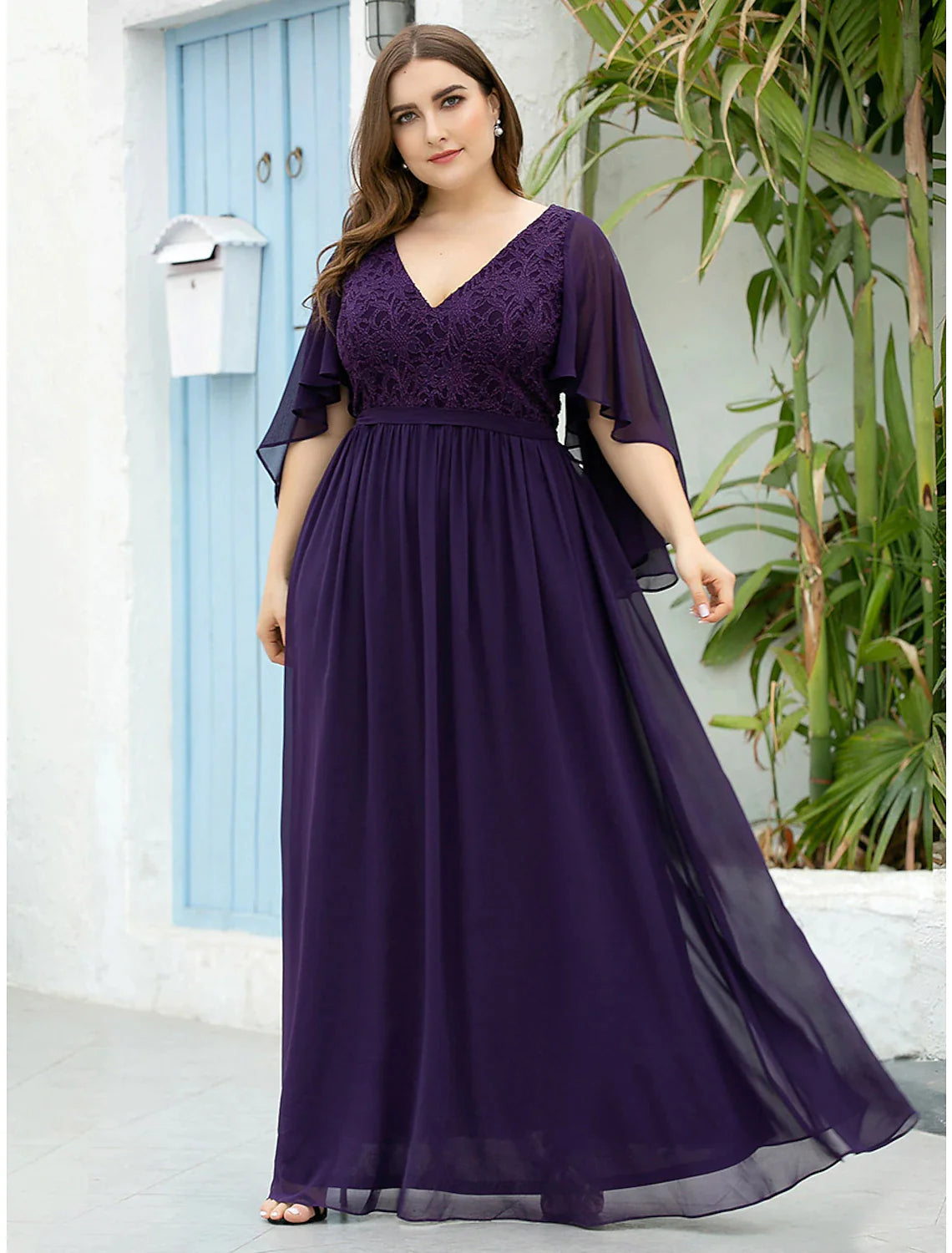 A-Line Mother of the Bride Dress Plus Size Elegant V Neck Floor Length Chiffon Tulle Half Sleeve with Sash / Ribbon