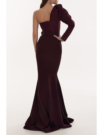 Mermaid / Trumpet Evening Gown Elegant Dress Formal Fall Court Train Long Sleeve One Shoulder Stretch Fabric with Pleats