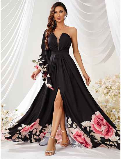 A-Line Wedding Guest Dresses Floral Dress Formal Evening Party Court Train Long Sleeve One Shoulder Chiffon with Slit Print