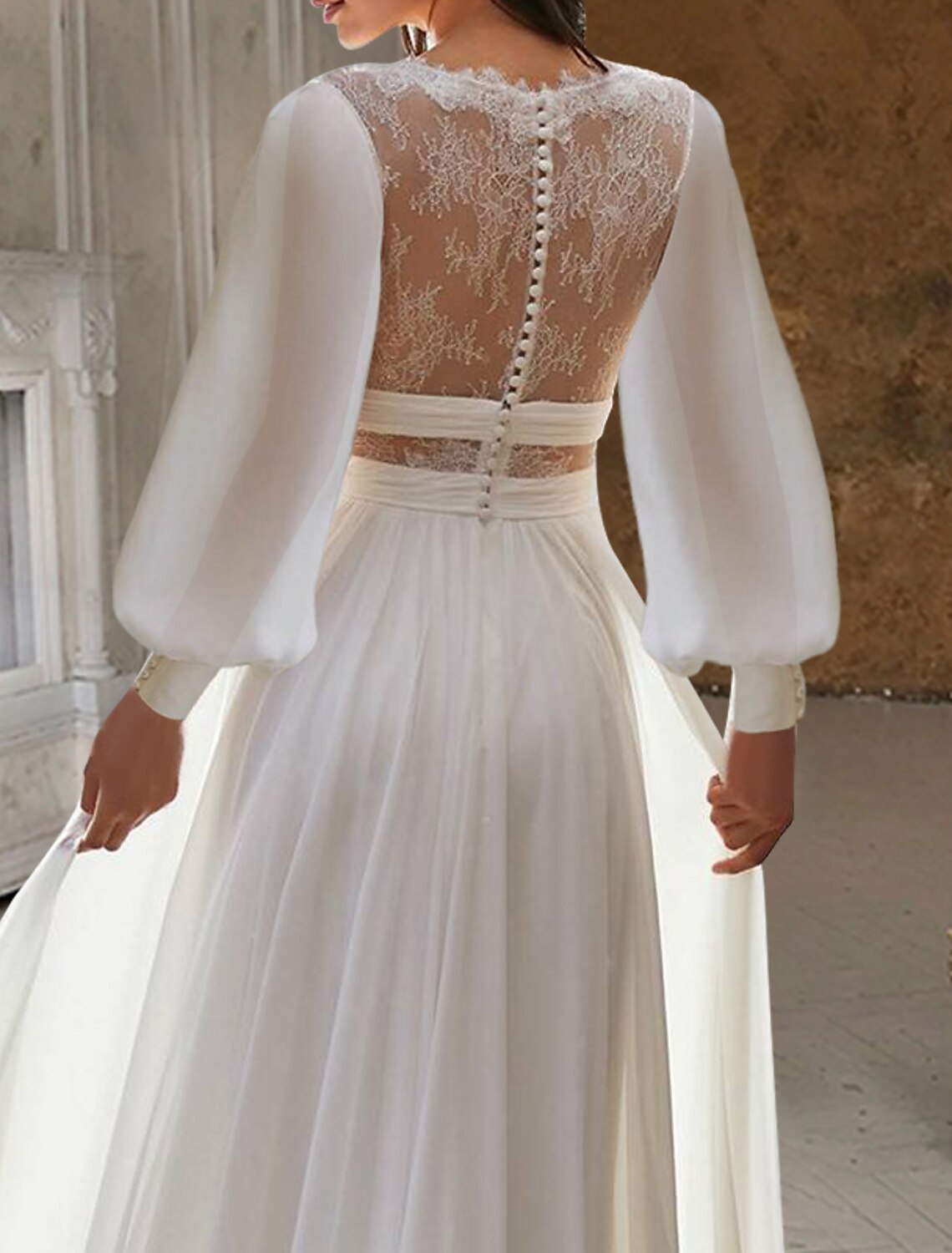 Beach Open Back Boho Wedding Dresses A-Line V Neck Long Sleeve Floor Length Chiffon Bridal Gowns With Appliques Solid Color