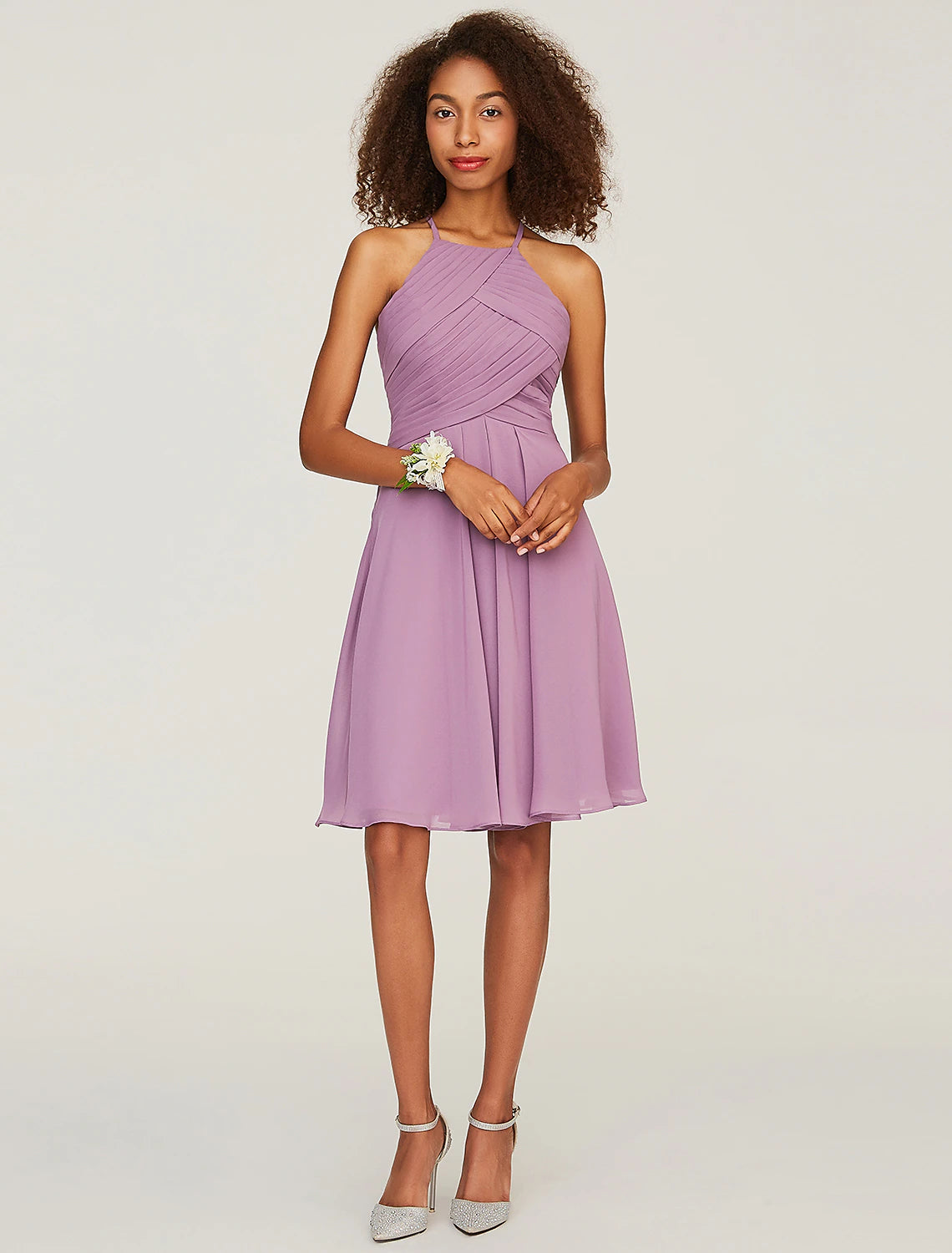 A-Line Bridesmaid Dress Halter Neck Sleeveless Keyhole Knee Length Chiffon with Ruffles