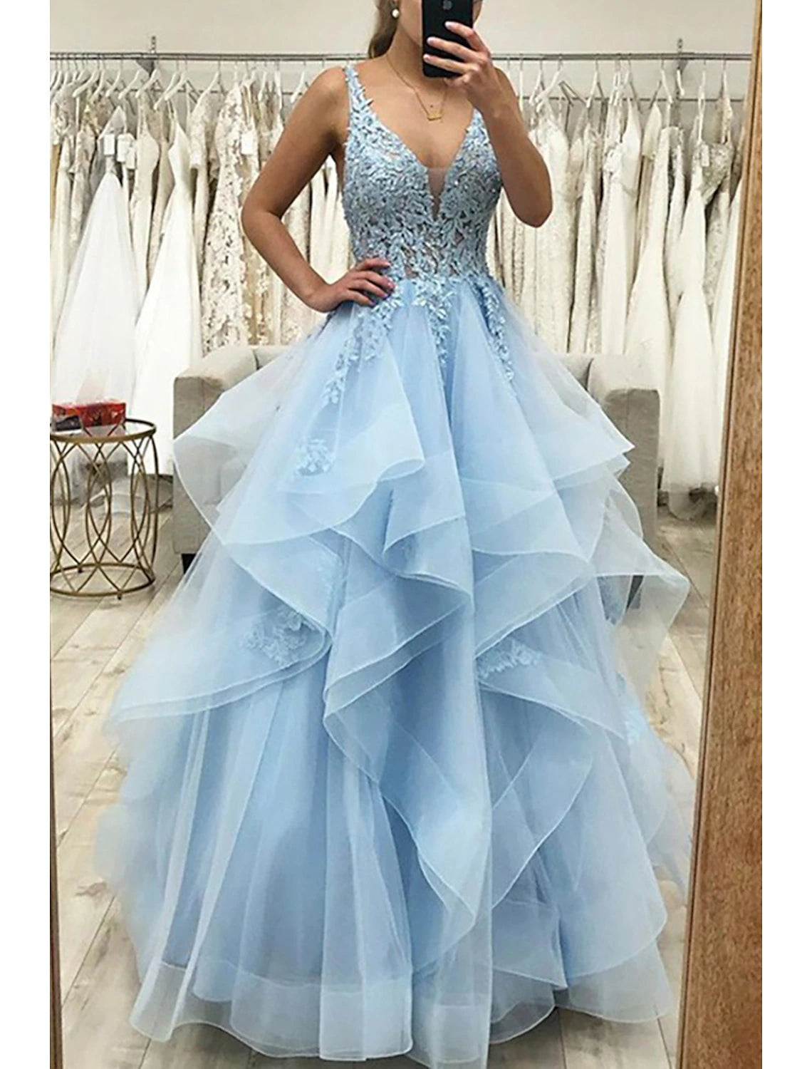 Ball Gown A-Line Prom Dresses Princess Dress Formal Floor Length Sleeveless V Neck Tulle Backless with Pleats Ruched Appliques