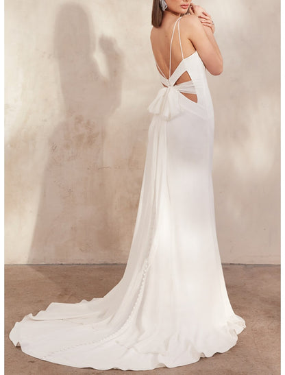 Hall Open Back Casual Wedding Dresses Mermaid / Trumpet Square Neck Camisole Spaghetti Strap Court Train Stretch Fabric Bridal Gowns With Solid Color