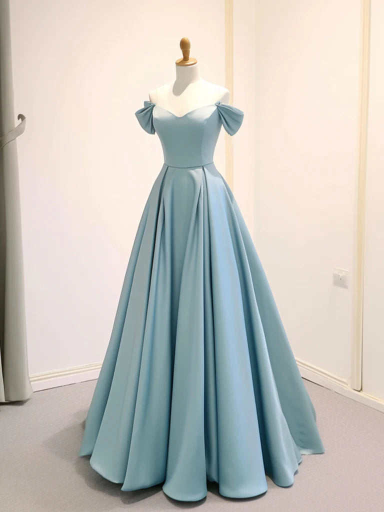 A-Line Off Shoulder Satin Blue Long Prom Dress