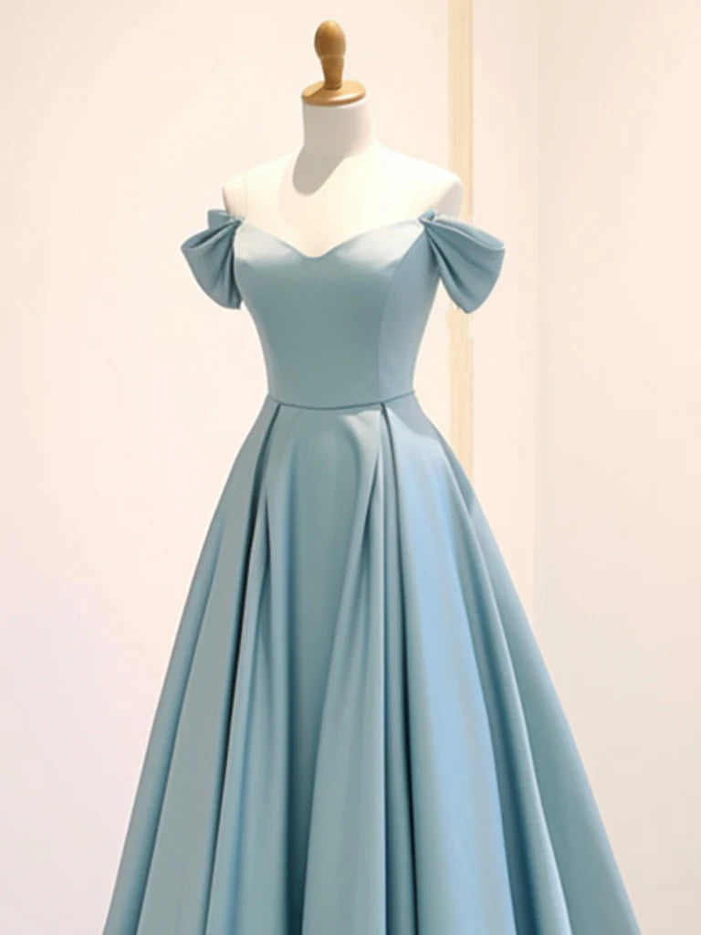 A-Line Off Shoulder Satin Blue Long Prom Dress