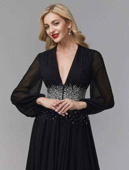 A-Line Evening Dress Celebrity Red Carpet Formal Gown Black Tie Wedding Guest Floor Length Long Sleeve V Neck Chiffon with Sequin