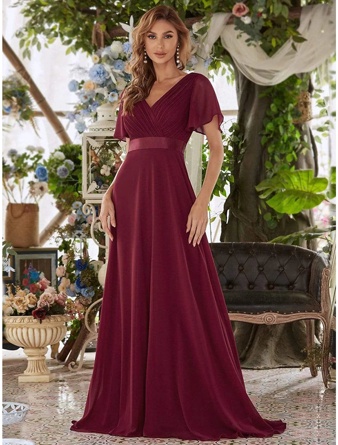 A-Line Evening Gown Empire Dress Wedding Guest Floor Length Short Sleeve V Neck Chiffon V Back with Ruffles Pure Color