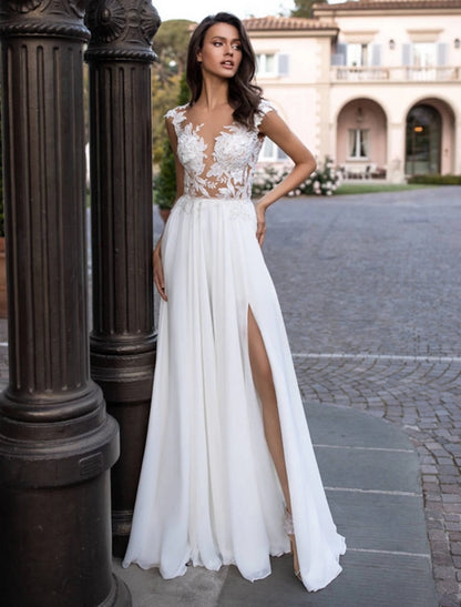 Beach Open Back Wedding Dresses A-Line Illusion Neck Cap Sleeve Sweep / Brush Train Chiffon Bridal Gowns With Appliques Split Front Summer Wedding Party