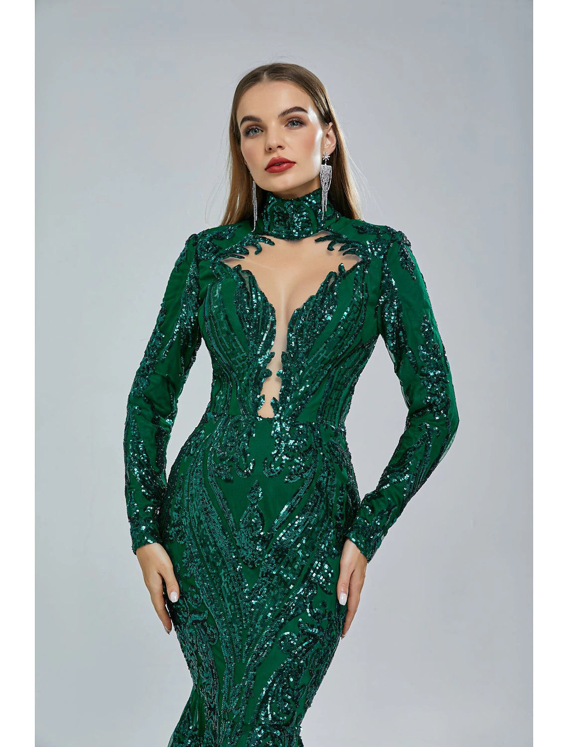 Mermaid / Trumpet Evening Gown Sparkle & Shine Dress Carnival Engagement Court Train Long Sleeve Stand Collar Lace with Sequin