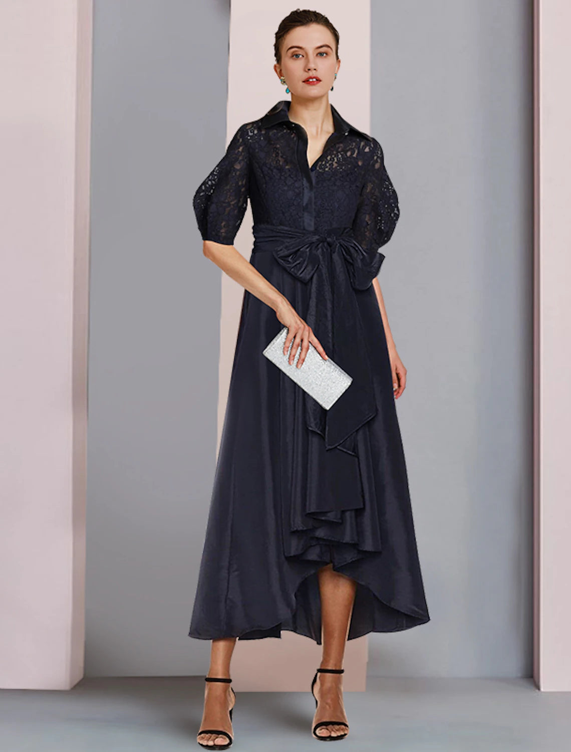 A-Line Mother of the Bride Dress Formal Wedding Guest Elegant High Low Shirt Collar Asymmetrical Tea Length Taffeta Short Sleeve with Bow(s) Pleats