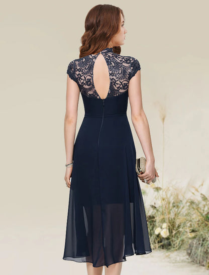 A-Line Cocktail Dresses Flirty Dress Homecoming Asymmetrical Sleeveless Jewel Neck Chiffon with Lace Insert