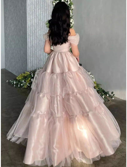 A-Line Evening Gown Princess Dress Formal Floor Length Short Sleeve Off Shoulder Satin with Pleats