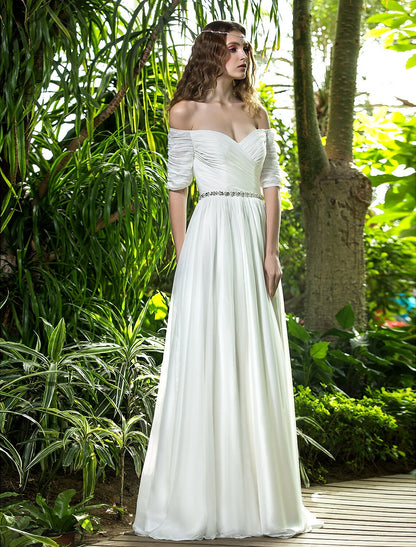 Boho Wedding Dresses A-Line Off Shoulder Half Sleeve Floor Length Chiffon Bridal Gowns With Crystal Ruched