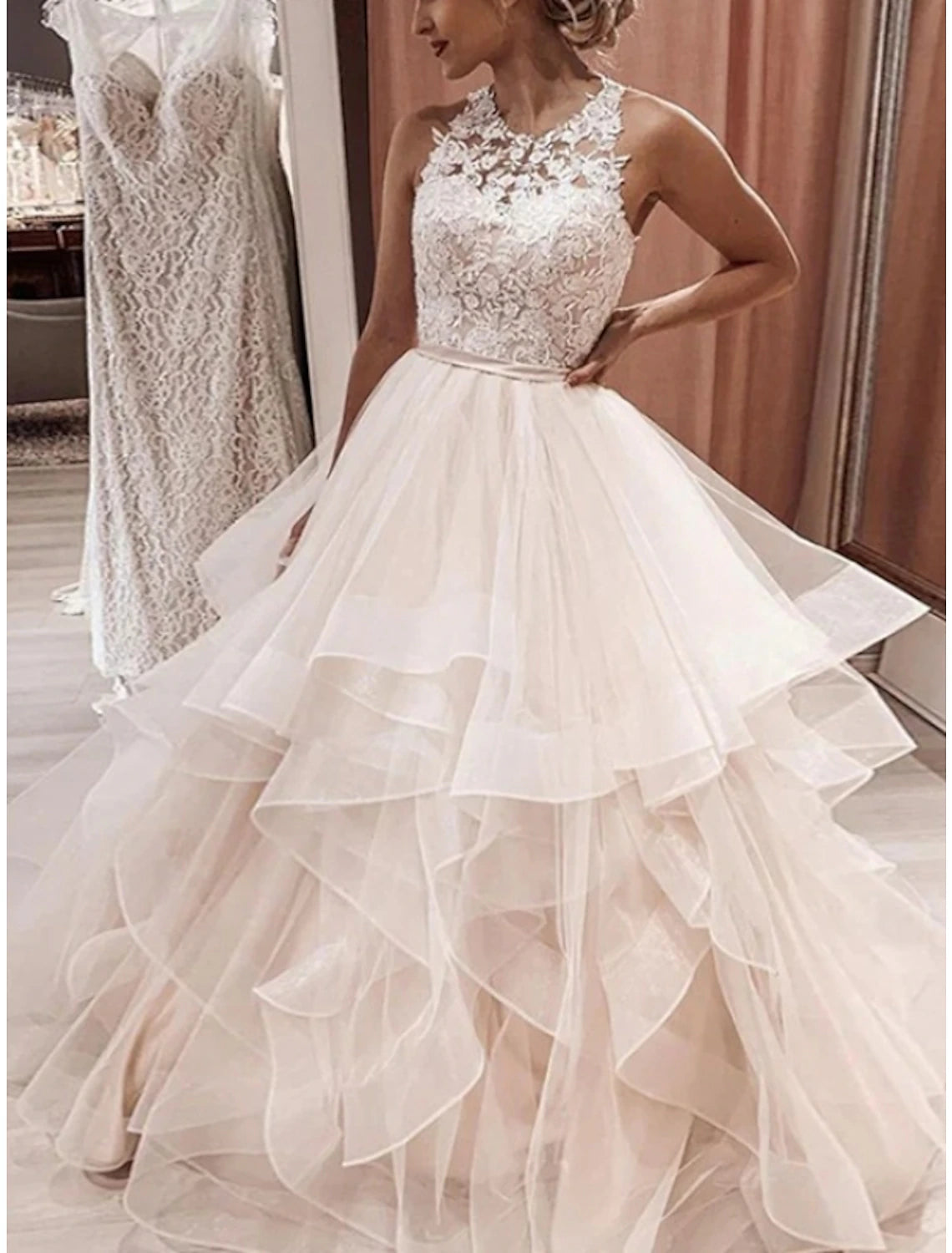 Formal Wedding Dresses Ball Gown Scoop Neck Sleeveless Sweep / Brush Train Lace Bridal Gowns With Solid Color