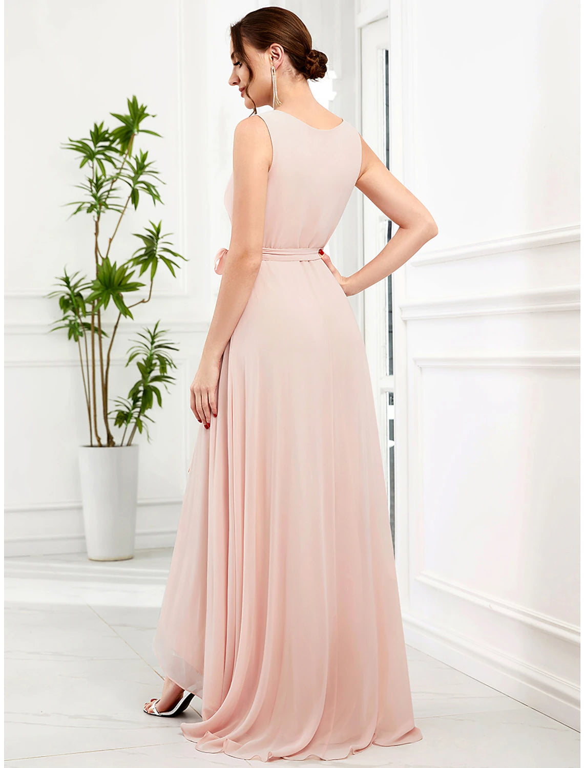 A-Line Wedding Guest Dresses Elegant Dress Party Wear Asymmetrical Sleeveless V Neck Chiffon with Ruffles Strappy