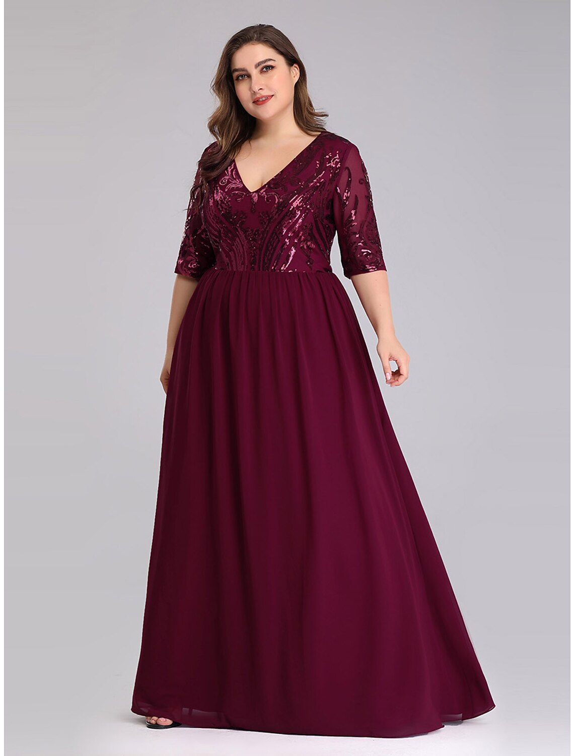 A-Line Prom Dresses Plus Size Dress Wedding Guest Prom Floor Length Half Sleeve Plunging Neck Chiffon with