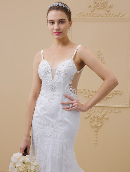 Mermaid / Trumpet Spaghetti Strap Chapel Train Beaded Lace Made-To-Measure Wedding Dresses with Beading / Appliques / Buttons by / Open Back